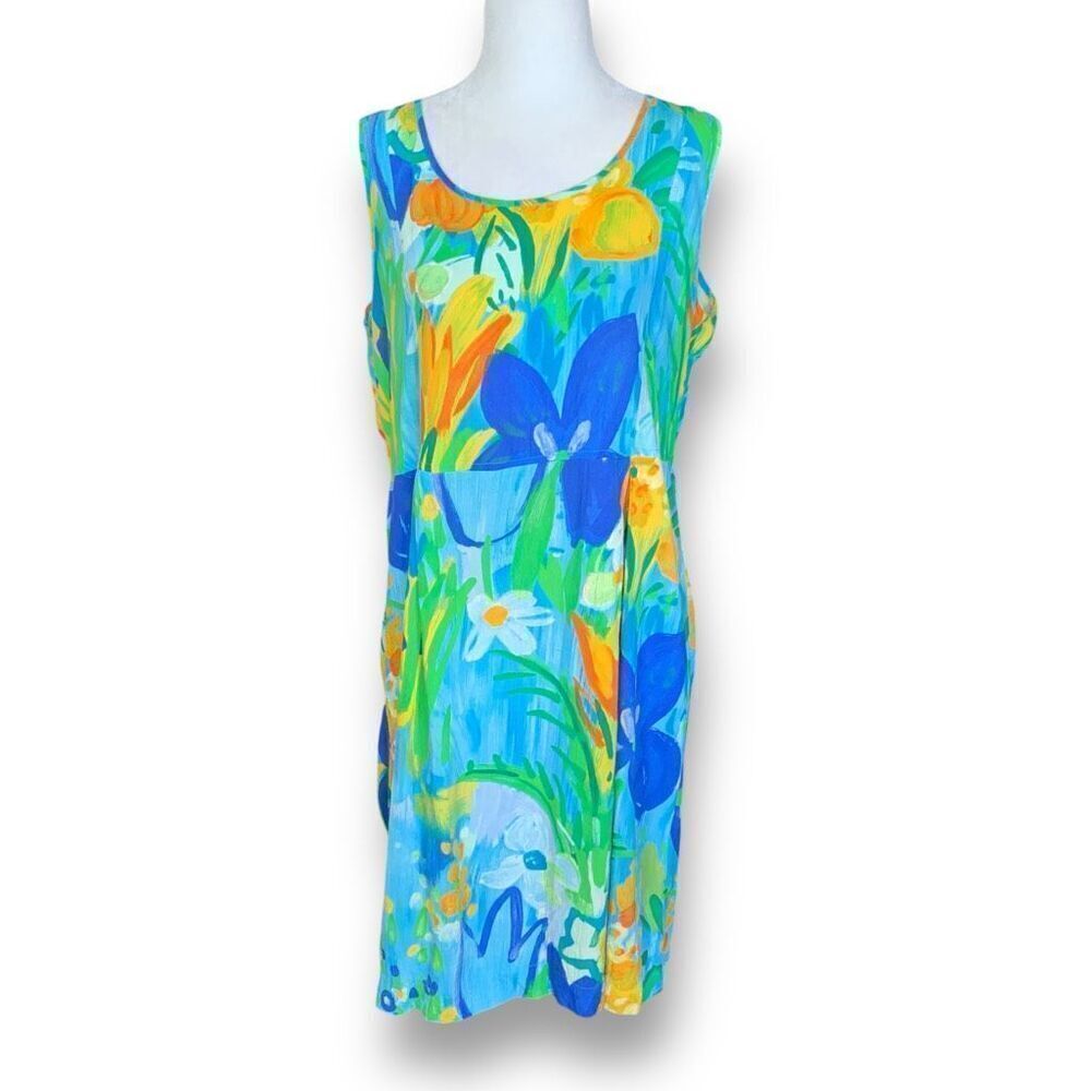 Vintage Jams World‎ Dress Blue Yellow Oversized Tropical Floral Print Sleeveless